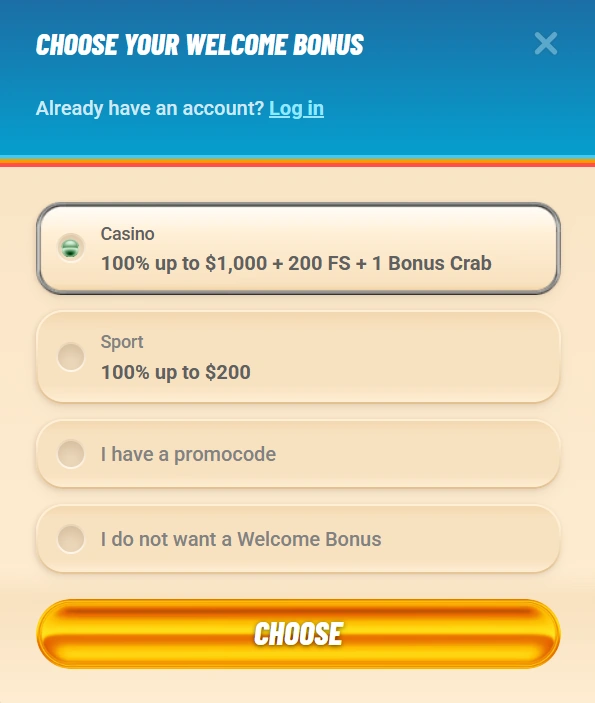 Vegasino Casino registration bonus section