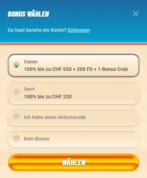 Vegasino Casino Registrierungsbonusbereich  