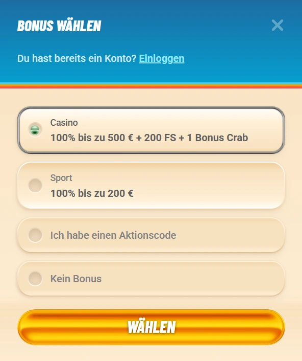 Vegasino Casino Registrierungsbonusbereich