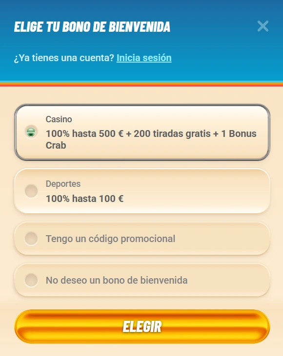 Sección de bonificaciones por registro de Vegasino Casino