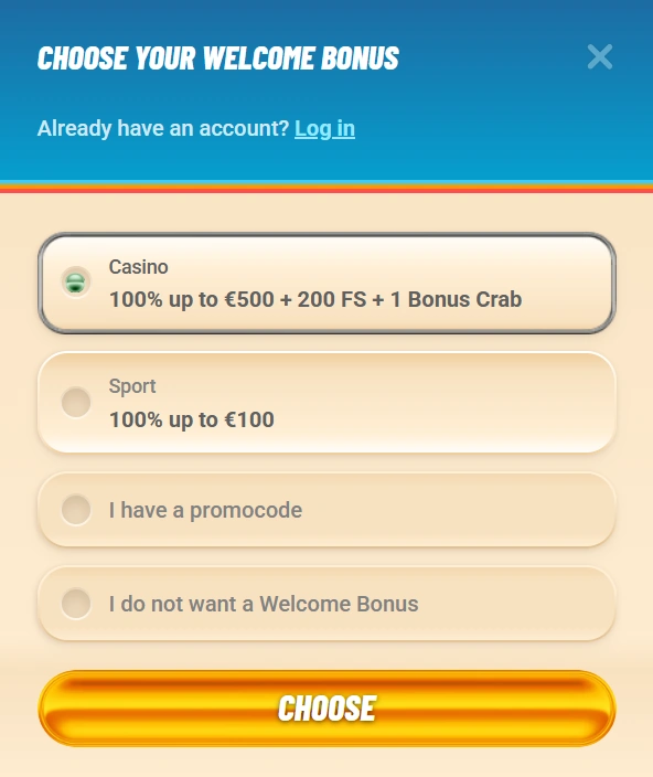 Vegasino Casino registration bonus section