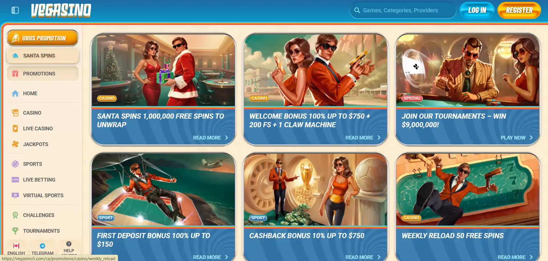 Vegasino Casino bonuses section 