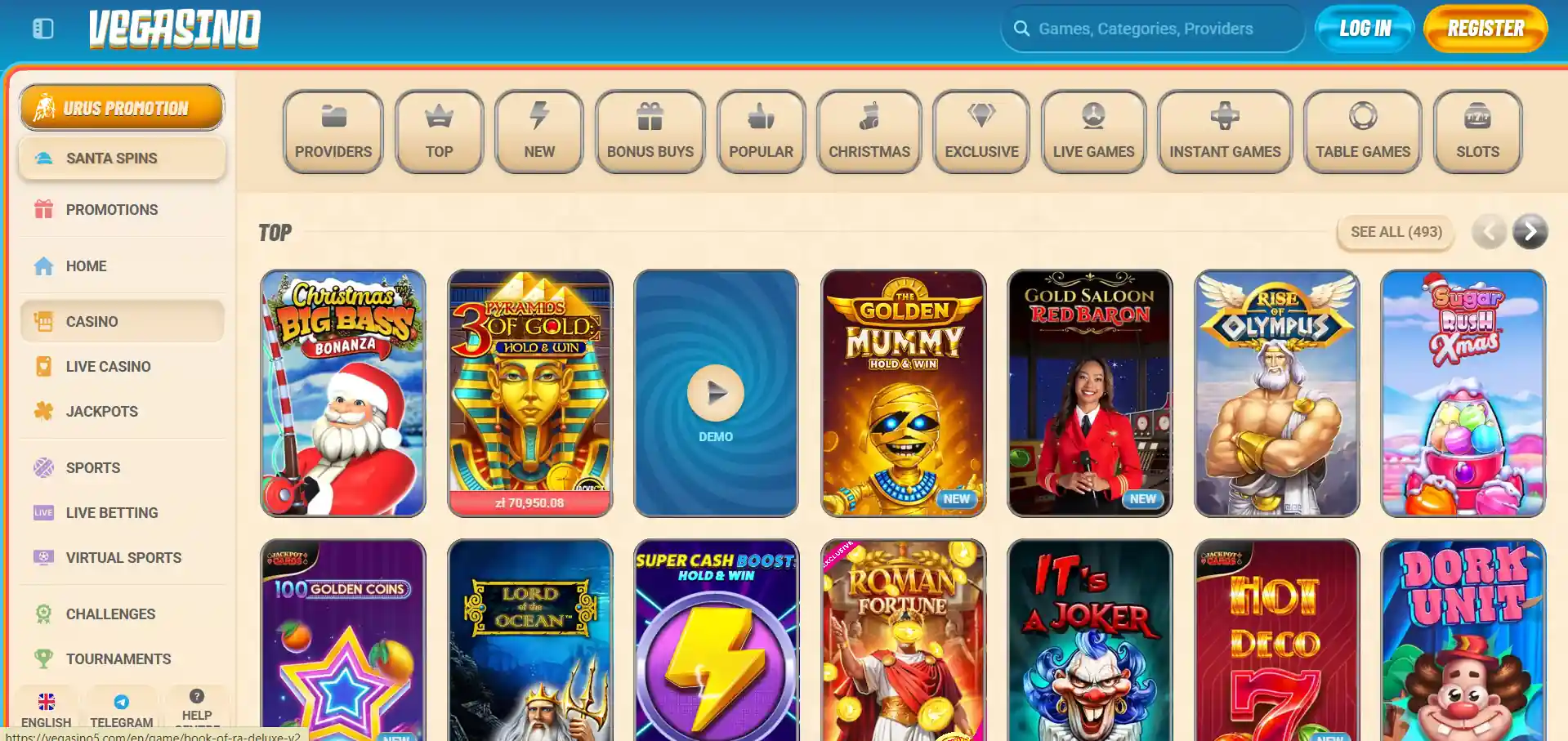 Vegasino Casino menu section 