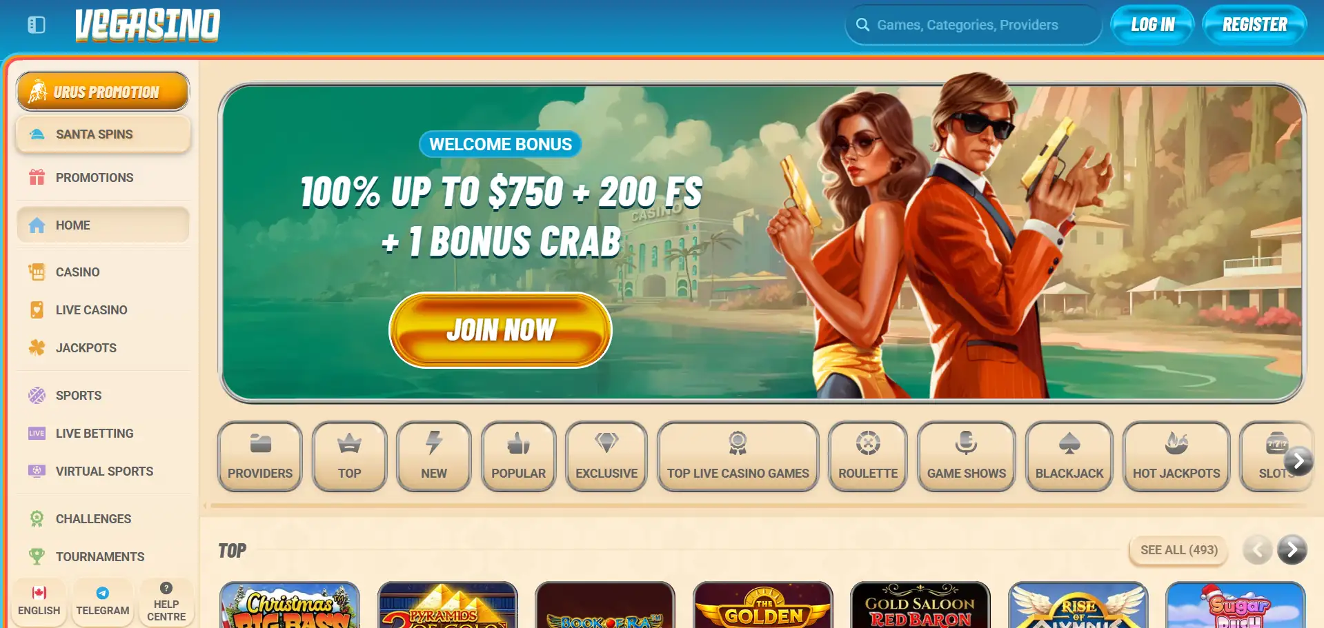 Vegasino Casino menu section 