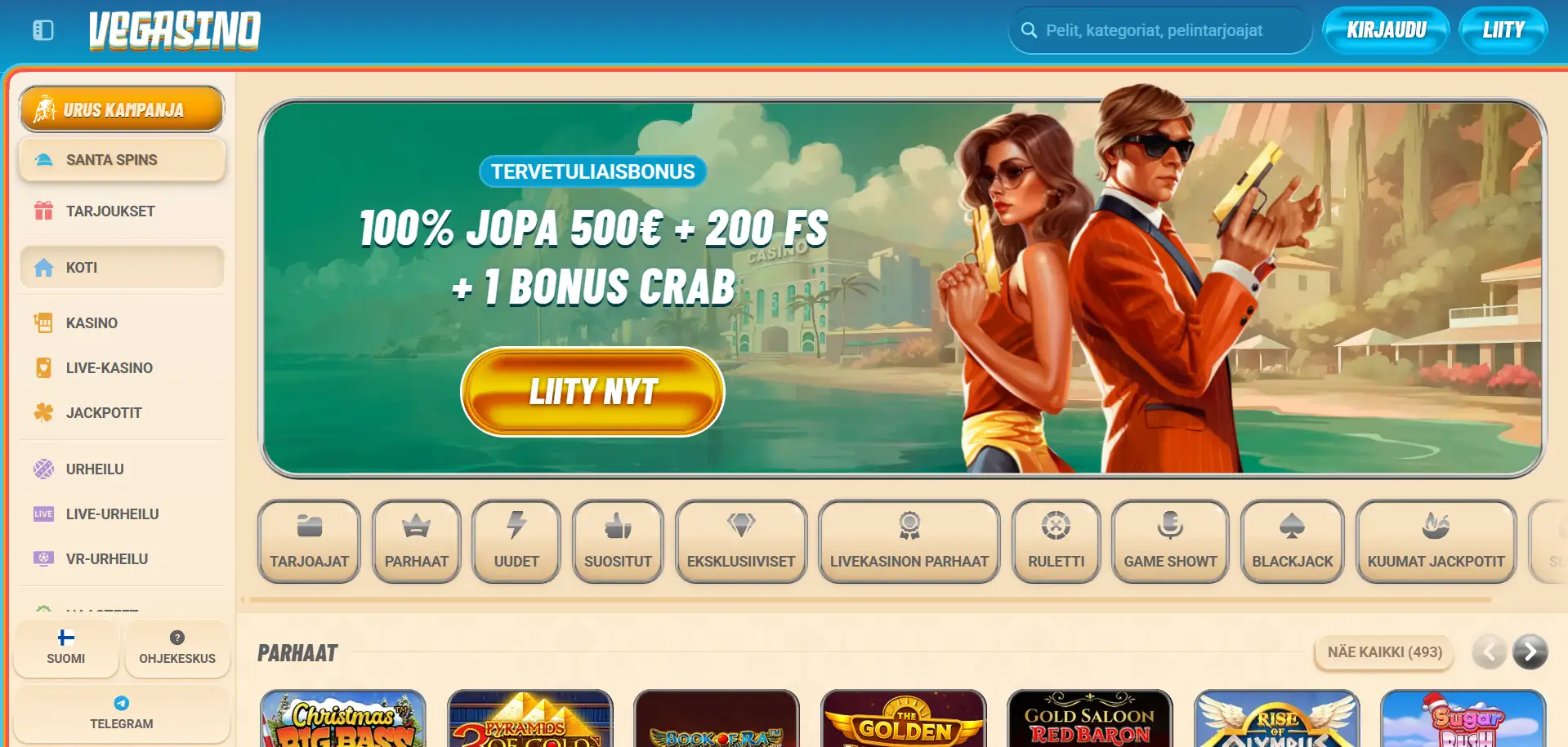 Vegasino Casino -valikko 