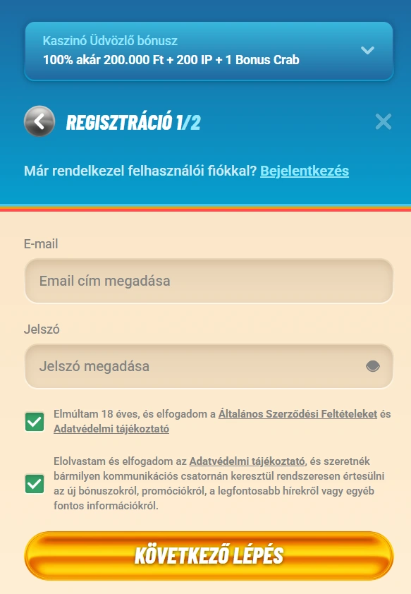 Vegasino Casino regisztrációs szakasz