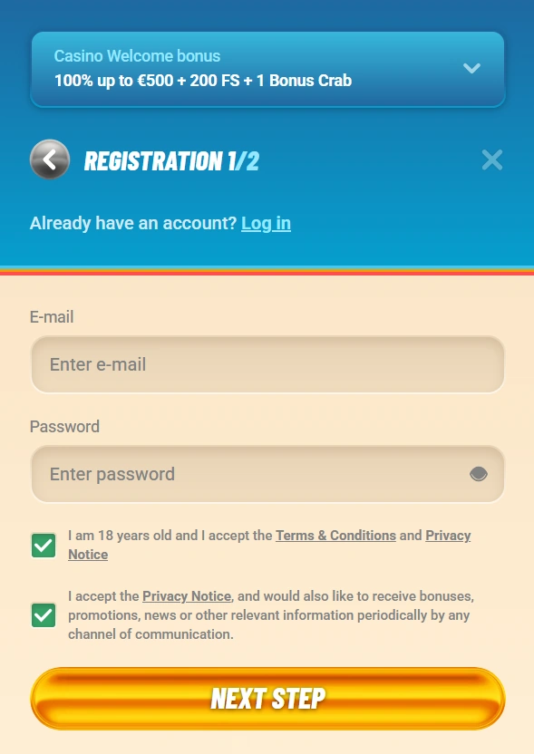Vegasino Casino registration section